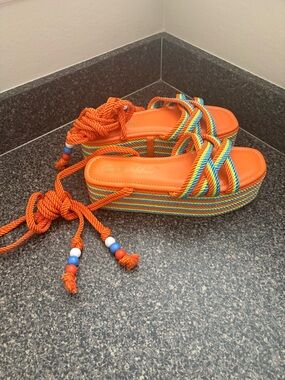 Cape Robbin Orange Platform Sandals with Multicolor Rope Straps